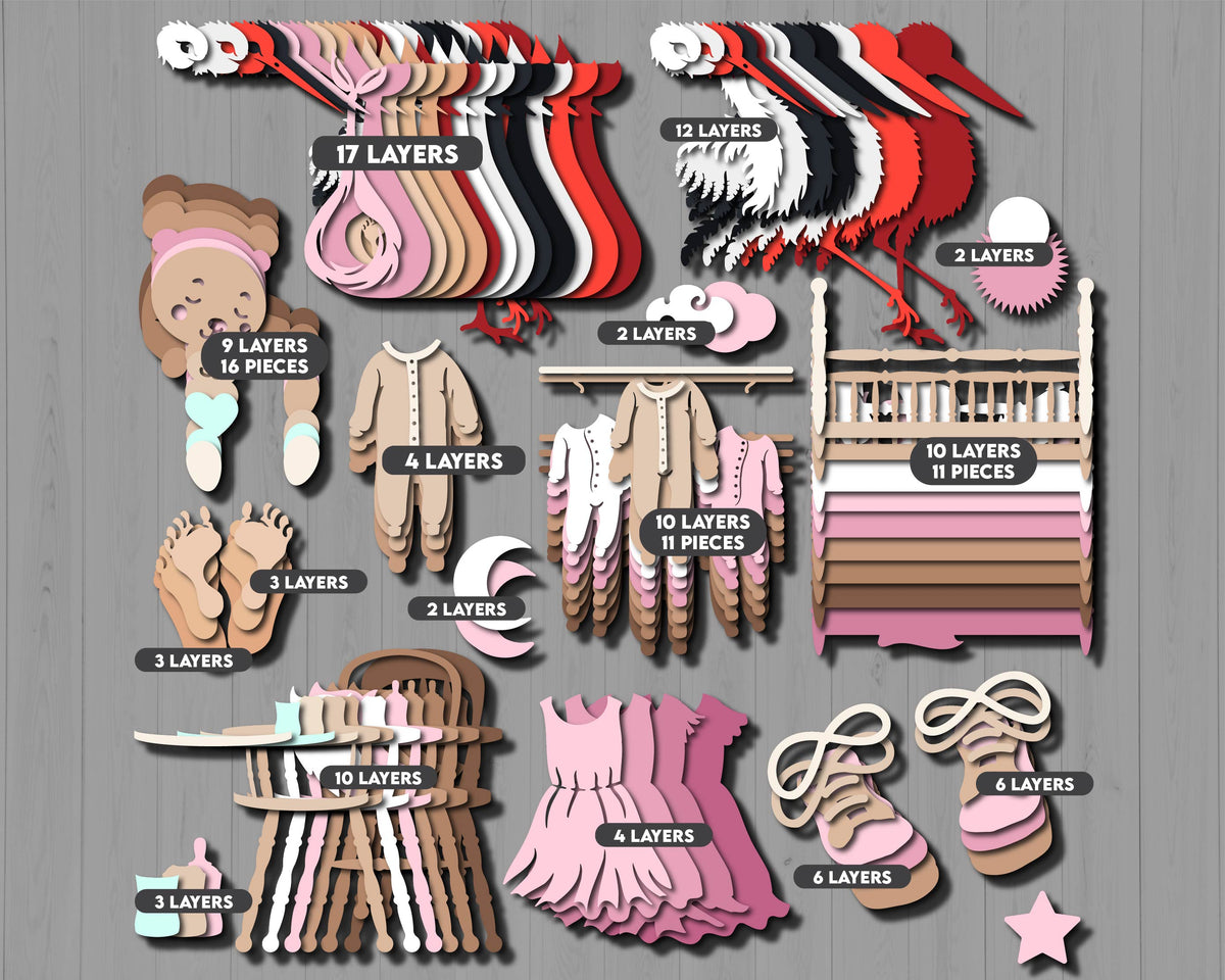 Baby Shower Bundle - 3D Elements Layered SVG DXF EPS for Laser Cut, Glowforge, Cricut (Cutting Files)
