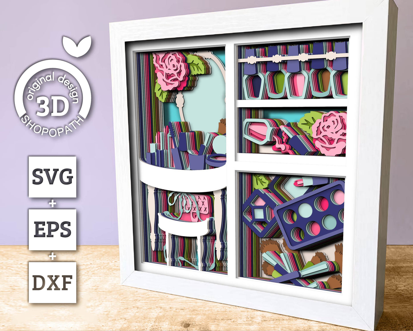 Makeup Tools with Vanity Mirror Panels - 3D Shadow Box Layered SVG DXF EPS (Cutting Files)