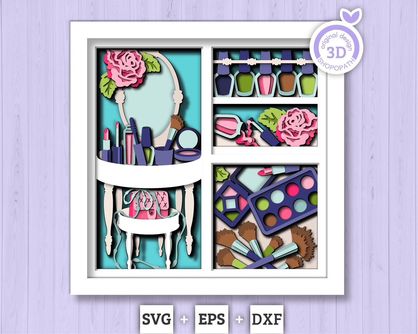 Makeup Tools with Vanity Mirror Panels - 3D Shadow Box Layered SVG DXF EPS (Cutting Files)