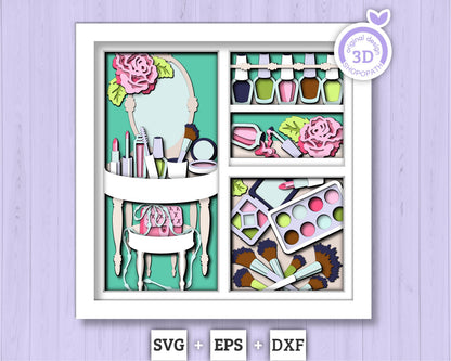 Makeup Tools with Vanity Mirror Panels - 3D Shadow Box Layered SVG DXF EPS (Cutting Files)