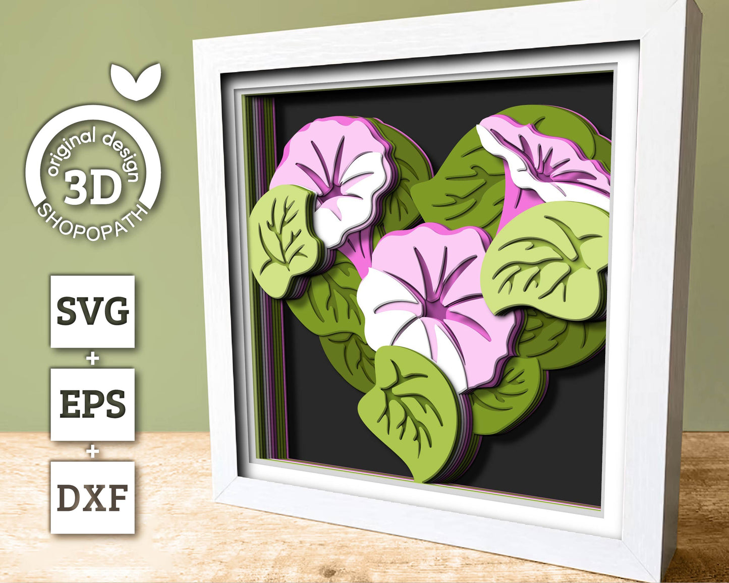 Morning Glory Flowers Heart - 3D Shadow Box Layered SVG DXF EPS (Cutting Files)