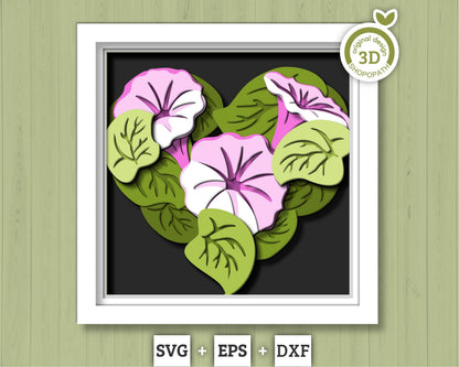 Morning Glory Flowers Heart - 3D Shadow Box Layered SVG DXF EPS (Cutting Files)