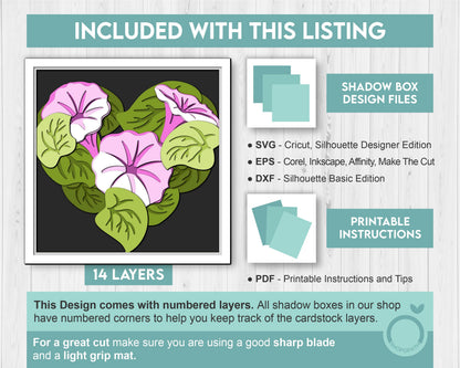 Morning Glory Flowers Heart - 3D Shadow Box Layered SVG DXF EPS (Cutting Files)