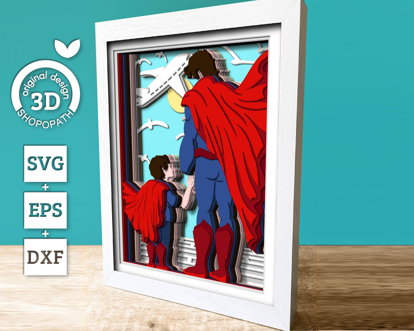 Superhero Dad and Son 8x10 inch - 3D Shadow Box Layered SVG DXF EPS (Cutting Files)