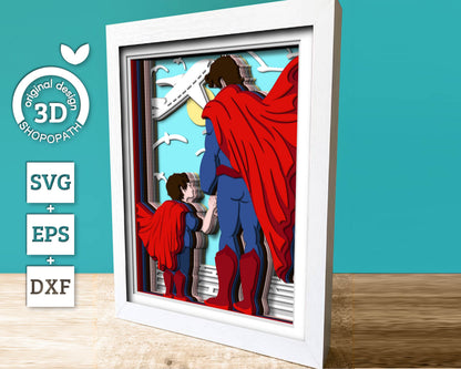 Superhero Dad and Son 8x10 inch - 3D Shadow Box Layered SVG DXF EPS (Cutting Files)