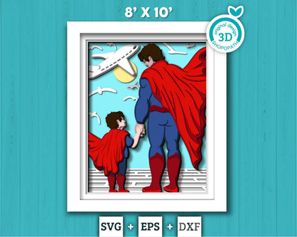Superhero Dad and Son 8x10 inch - 3D Shadow Box Layered SVG DXF EPS (Cutting Files)