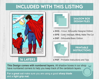 Superhero Dad and Son 8x10 inch - 3D Shadow Box Layered SVG DXF EPS (Cutting Files)
