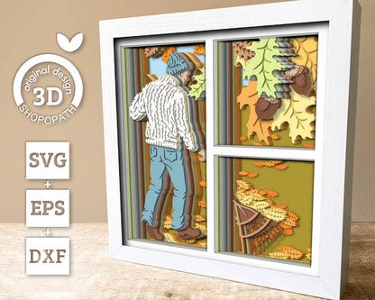 Man with Sweater Raking Autumn Leaves - 3D Shadow Box Layered SVG DXF EPS (Cutting Files)