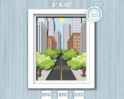 Cityscape with Skyscraper and Trees - 3D Shadow Box Layered SVG DXF EPS (Cutting Files)