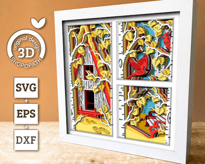 3D SVG Fall Shadow Box, Layered Cardinal Shadow Box Svg, Autumn Leaves 3D Svg Birch Forest 3d Svg, Cabin Shadow Box svg Cricut Silhouette