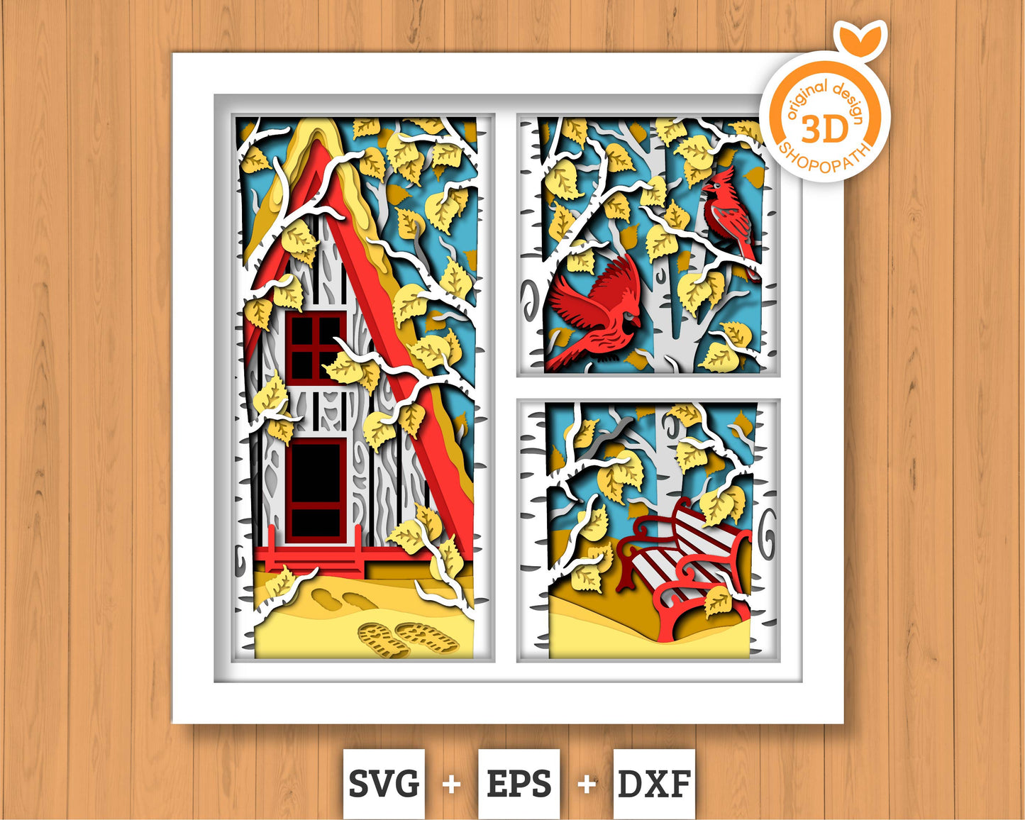 3D SVG Fall Shadow Box, Layered Cardinal Shadow Box Svg, Autumn Leaves 3D Svg Birch Forest 3d Svg, Cabin Shadow Box svg Cricut Silhouette