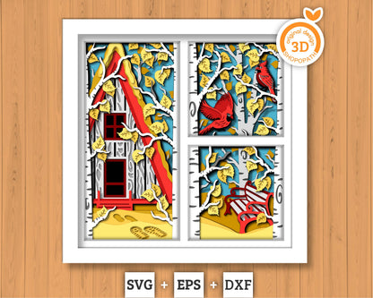 3D SVG Fall Shadow Box, Layered Cardinal Shadow Box Svg, Autumn Leaves 3D Svg Birch Forest 3d Svg, Cabin Shadow Box svg Cricut Silhouette