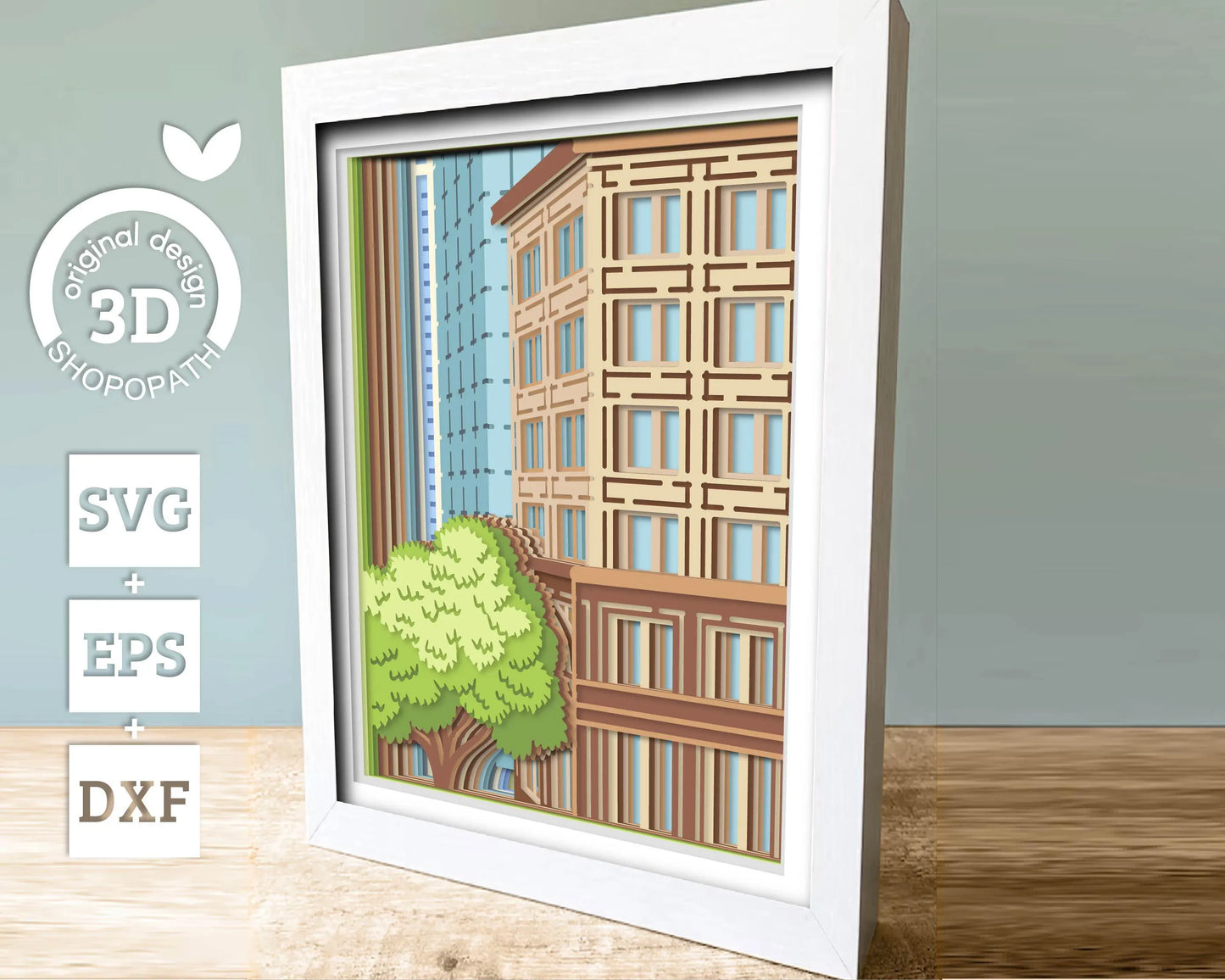 Set of 3 Cityscape Shadow Boxes 3D SVG 8x10 Triptych with Skyscraper and Trees in Perspective for Cricut Silhouette DXF EPS Cutting Files