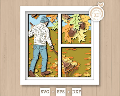 Man with Sweater Raking Autumn Leaves - 3D Shadow Box Layered SVG DXF EPS (Cutting Files)
