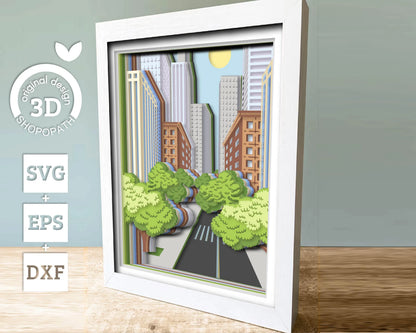 Cityscape with Skyscraper and Trees - 3D Shadow Box Layered SVG DXF EPS (Cutting Files)