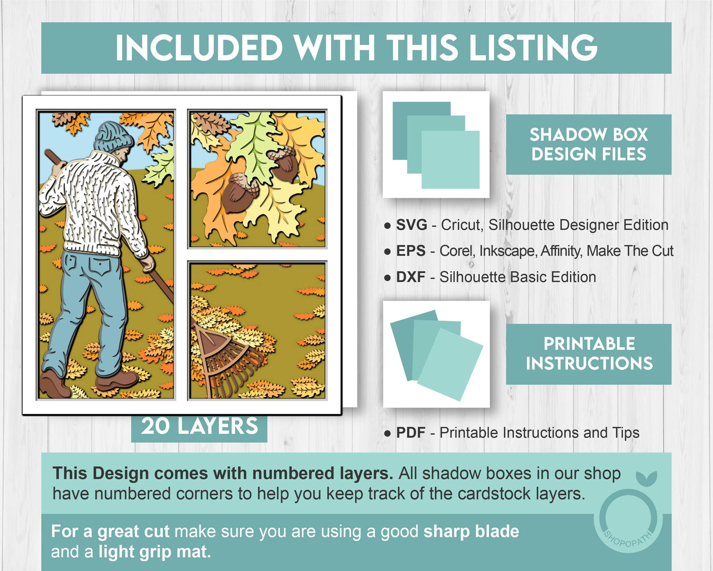 Man with Sweater Raking Autumn Leaves - 3D Shadow Box Layered SVG DXF EPS (Cutting Files)