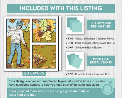 Man with Sweater Raking Autumn Leaves - 3D Shadow Box Layered SVG DXF EPS (Cutting Files)
