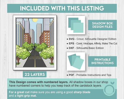 Cityscape with Skyscraper and Trees - 3D Shadow Box Layered SVG DXF EPS (Cutting Files)