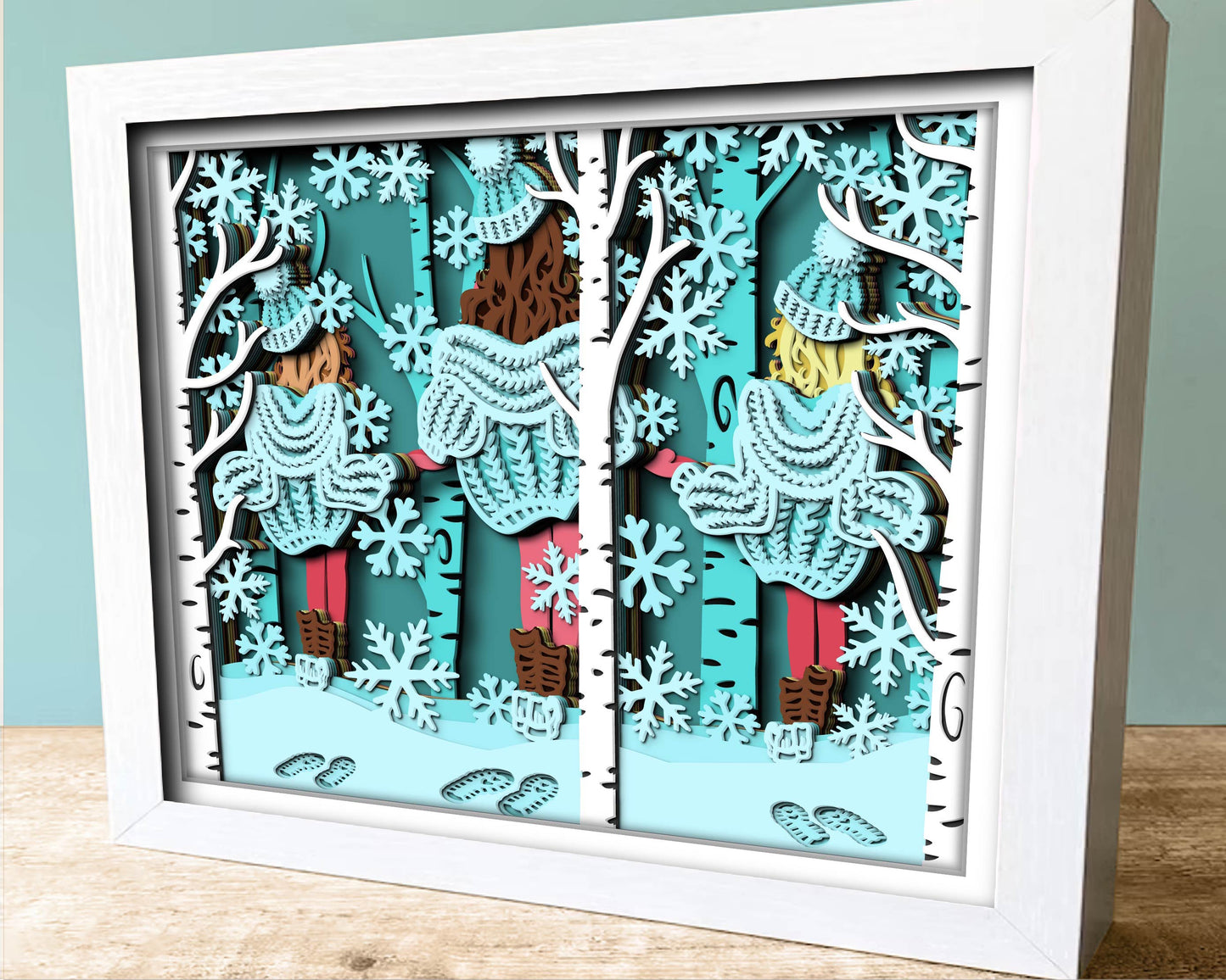 3D SVG Winter Shadow Box, 8x10 inch Layered Family Shadow Box Svg, Snowflakes 3D Svg, Birch Forest 3d Svg, Christmas svg Cricut Silhouette