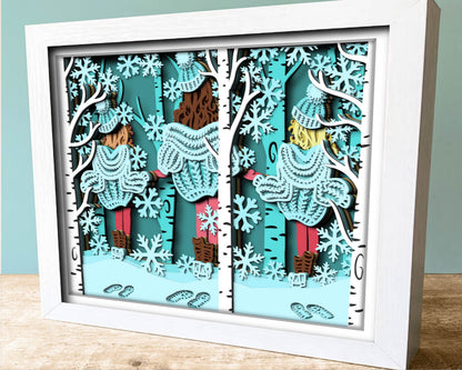 3D SVG Winter Shadow Box, 8x10 inch Layered Family Shadow Box Svg, Snowflakes 3D Svg, Birch Forest 3d Svg, Christmas svg Cricut Silhouette