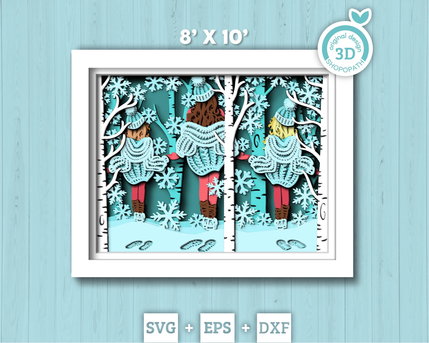 3D SVG Winter Shadow Box, 8x10 inch Layered Family Shadow Box Svg, Snowflakes 3D Svg, Birch Forest 3d Svg, Christmas svg Cricut Silhouette
