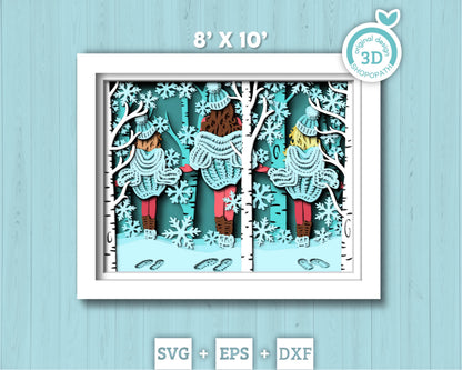 3D SVG Winter Shadow Box, 8x10 inch Layered Family Shadow Box Svg, Snowflakes 3D Svg, Birch Forest 3d Svg, Christmas svg Cricut Silhouette