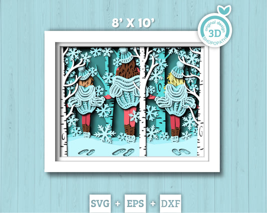 3D SVG Winter Shadow Box, 8x10 inch Layered Family Shadow Box Svg, Snowflakes 3D Svg, Birch Forest 3d Svg, Christmas svg Cricut Silhouette