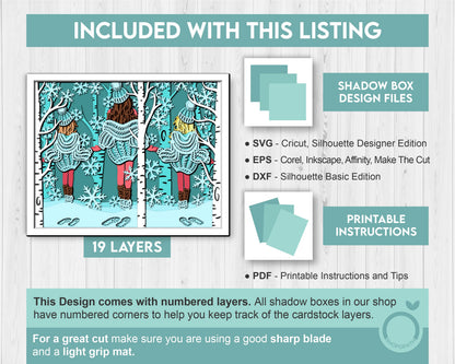 3D SVG Winter Shadow Box, 8x10 inch Layered Family Shadow Box Svg, Snowflakes 3D Svg, Birch Forest 3d Svg, Christmas svg Cricut Silhouette