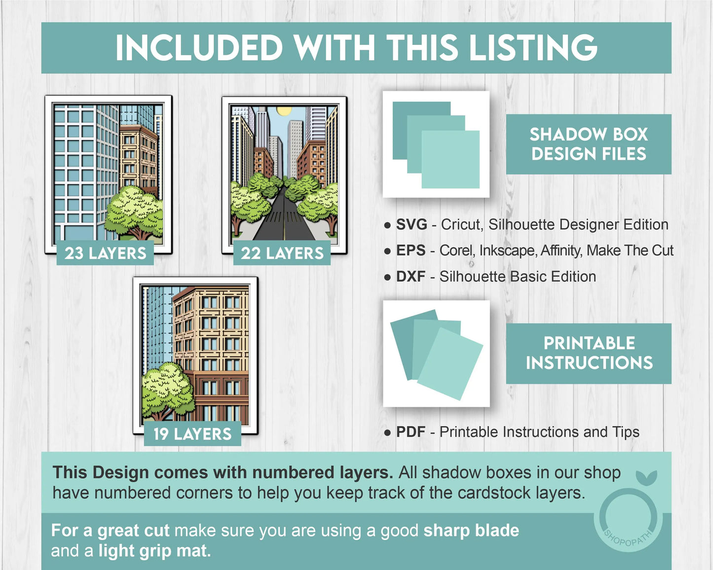 Set of 3 Cityscape Shadow Boxes 3D SVG 8x10 Triptych with Skyscraper and Trees in Perspective for Cricut Silhouette DXF EPS Cutting Files