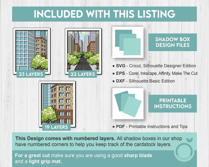 Set of 3 Cityscape Shadow Boxes 3D SVG 8x10 Triptych with Skyscraper and Trees in Perspective for Cricut Silhouette DXF EPS Cutting Files