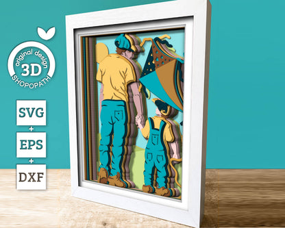 Father and Son Playing with Kite 8x10 inch - 3D Shadow Box Layered SVG DXF EPS (Cutting Files)