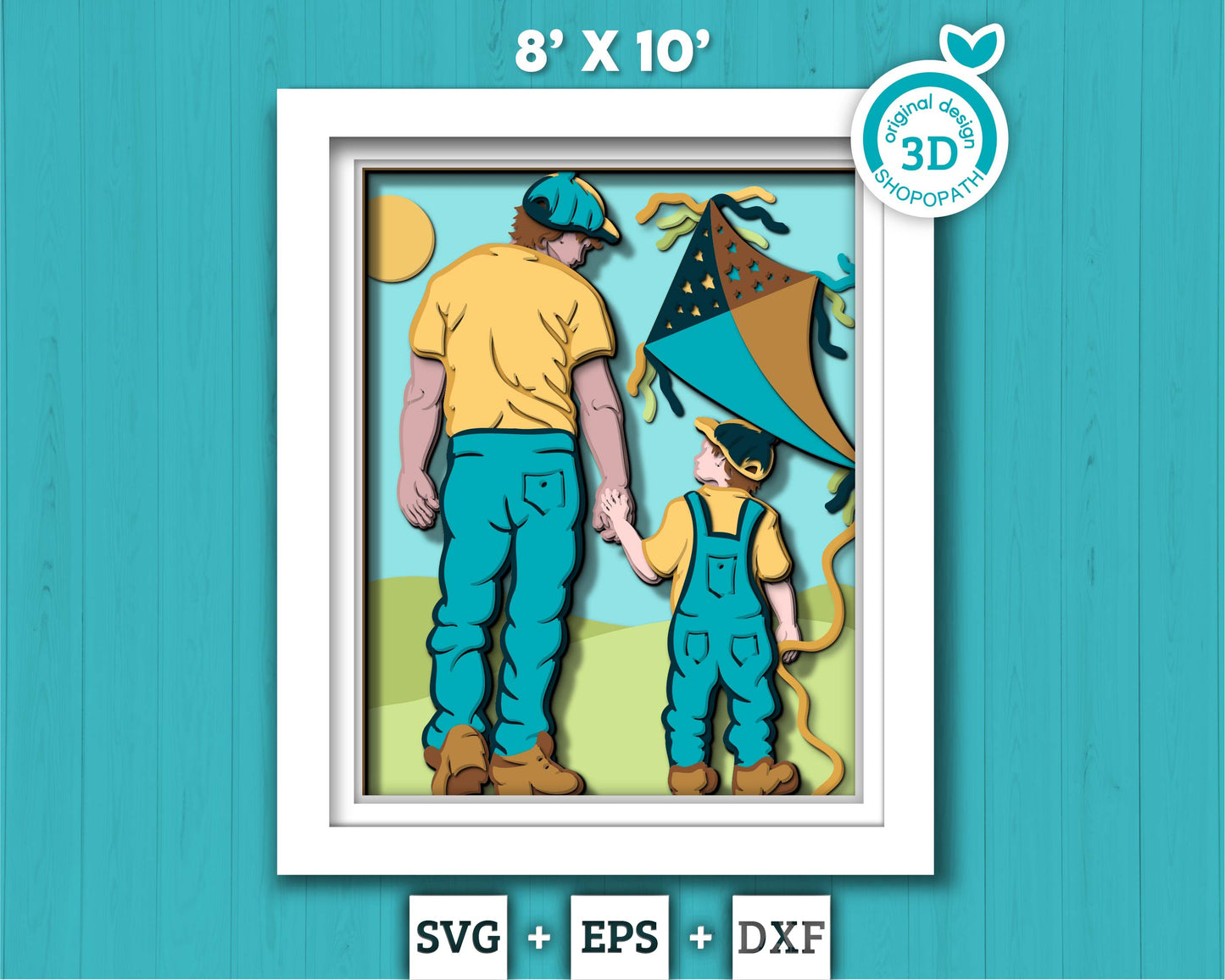 Father and Son Playing with Kite 8x10 inch - 3D Shadow Box Layered SVG DXF EPS (Cutting Files)