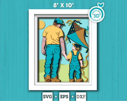 Father and Son Playing with Kite 8x10 inch - 3D Shadow Box Layered SVG DXF EPS (Cutting Files)