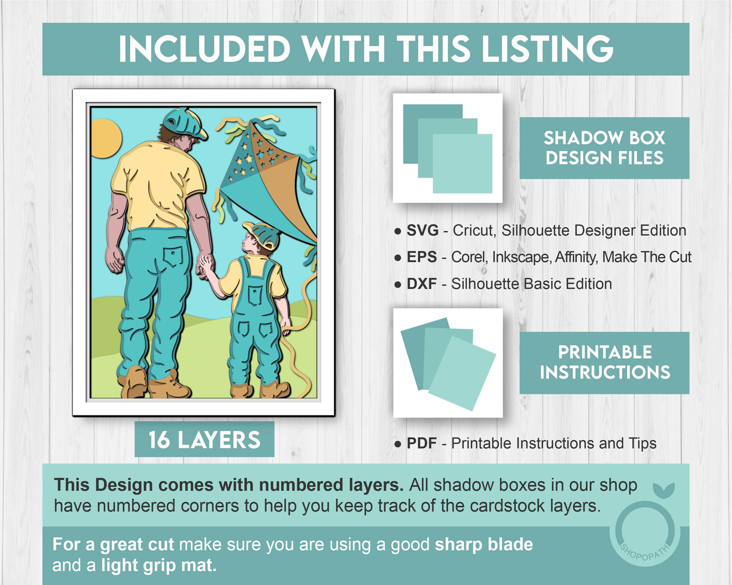 Father and Son Playing with Kite 8x10 inch - 3D Shadow Box Layered SVG DXF EPS (Cutting Files)