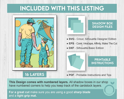 Father and Son Playing with Kite 8x10 inch - 3D Shadow Box Layered SVG DXF EPS (Cutting Files)