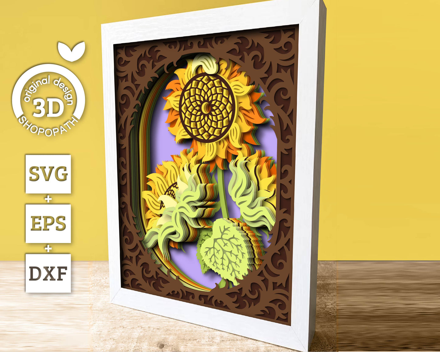 3D Sunflower With Lace Frame Summer Shadow Box SVG, 8x10 inch Layered Sunflower Svg, Sunflower 3D Svg, 3D Flowers SVG 3D, Cricut Silhouette