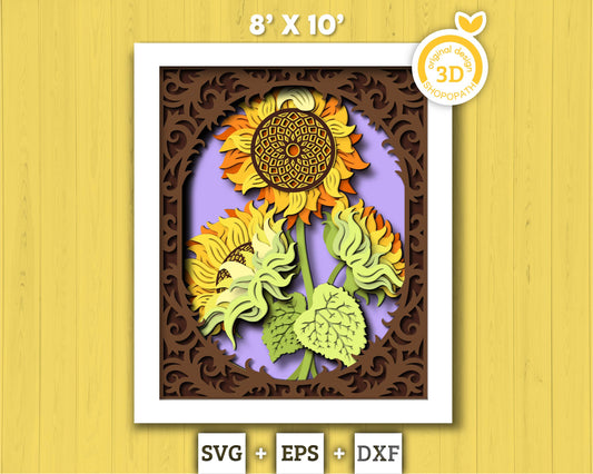 3D Sunflower With Lace Frame Summer Shadow Box SVG, 8x10 inch Layered Sunflower Svg, Sunflower 3D Svg, 3D Flowers SVG 3D, Cricut Silhouette