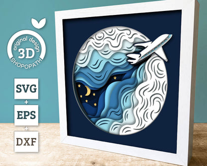 Airplane in Night Sky - 3D Shadow Box Layered SVG DXF EPS (Cutting Files)
