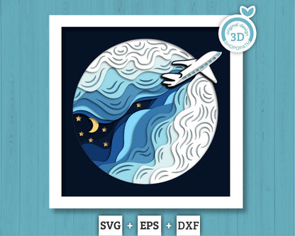 Airplane in Night Sky - 3D Shadow Box Layered SVG DXF EPS (Cutting Files)