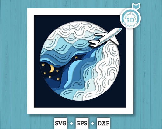Airplane in Night Sky - 3D Shadow Box Layered SVG DXF EPS (Cutting Files)