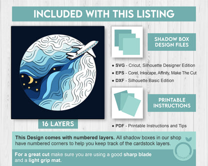 Airplane in Night Sky - 3D Shadow Box Layered SVG DXF EPS (Cutting Files)