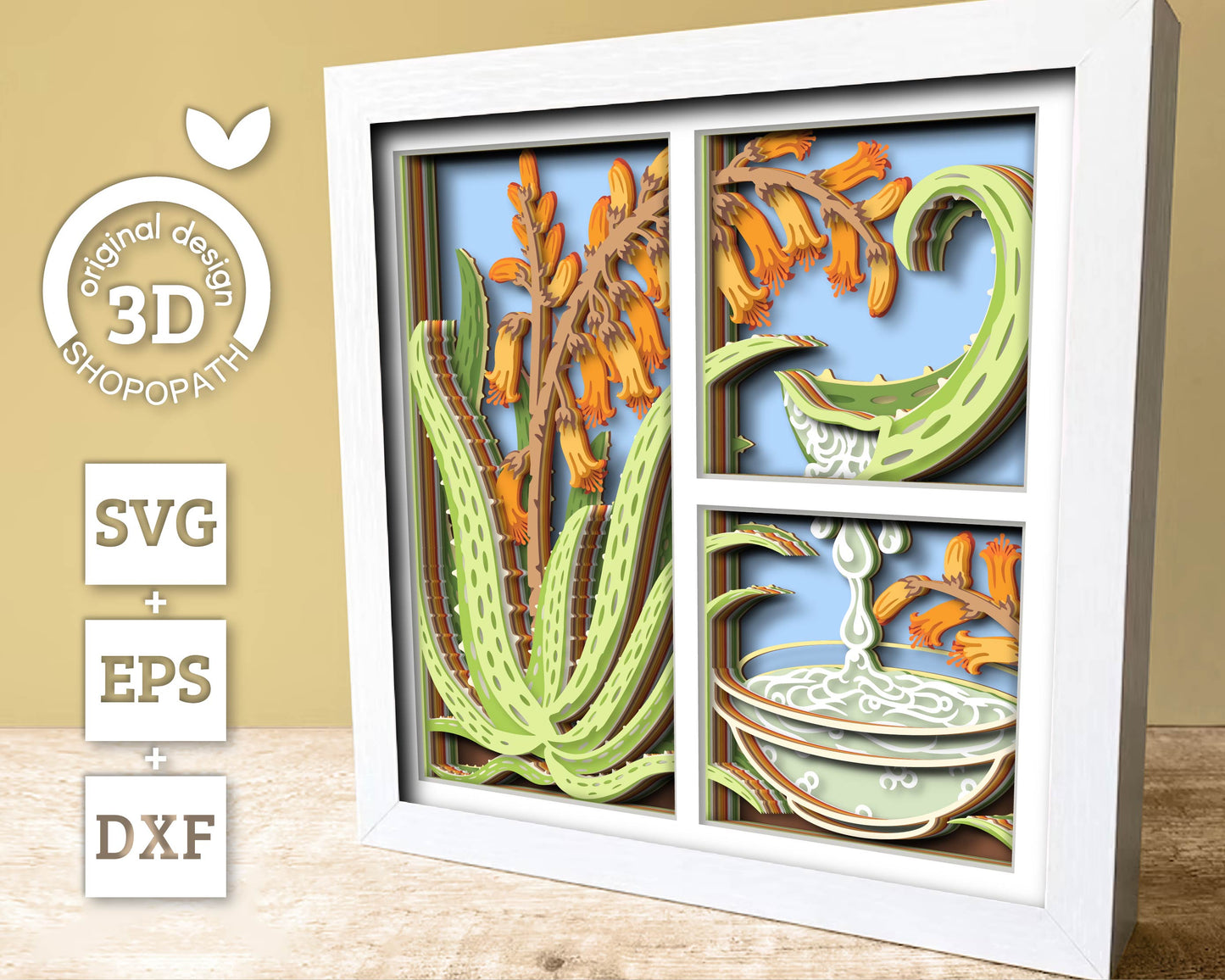 Aloe Vera with Flowers Panels - 3D Shadow Box Layered SVG DXF EPS (Cutting Files)