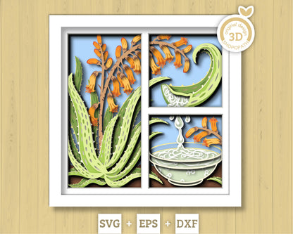 Aloe Vera with Flowers Panels - 3D Shadow Box Layered SVG DXF EPS (Cutting Files)