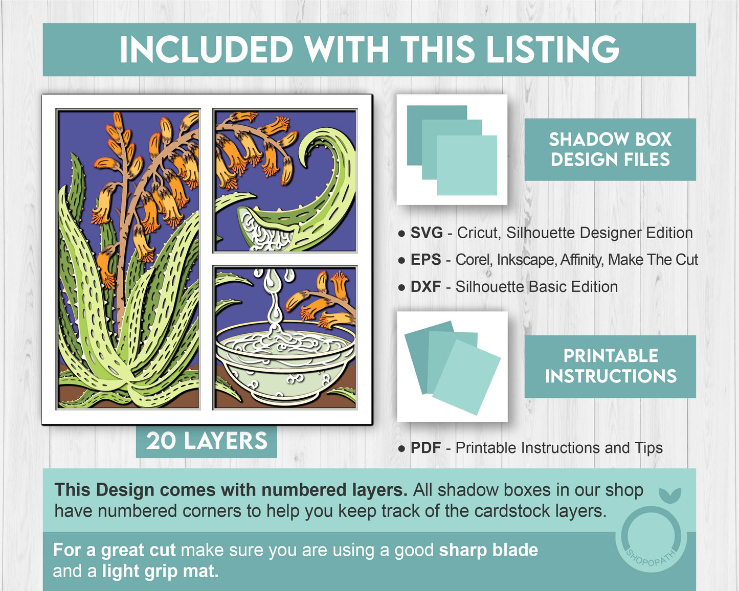 Aloe Vera with Flowers Panels - 3D Shadow Box Layered SVG DXF EPS (Cutting Files)