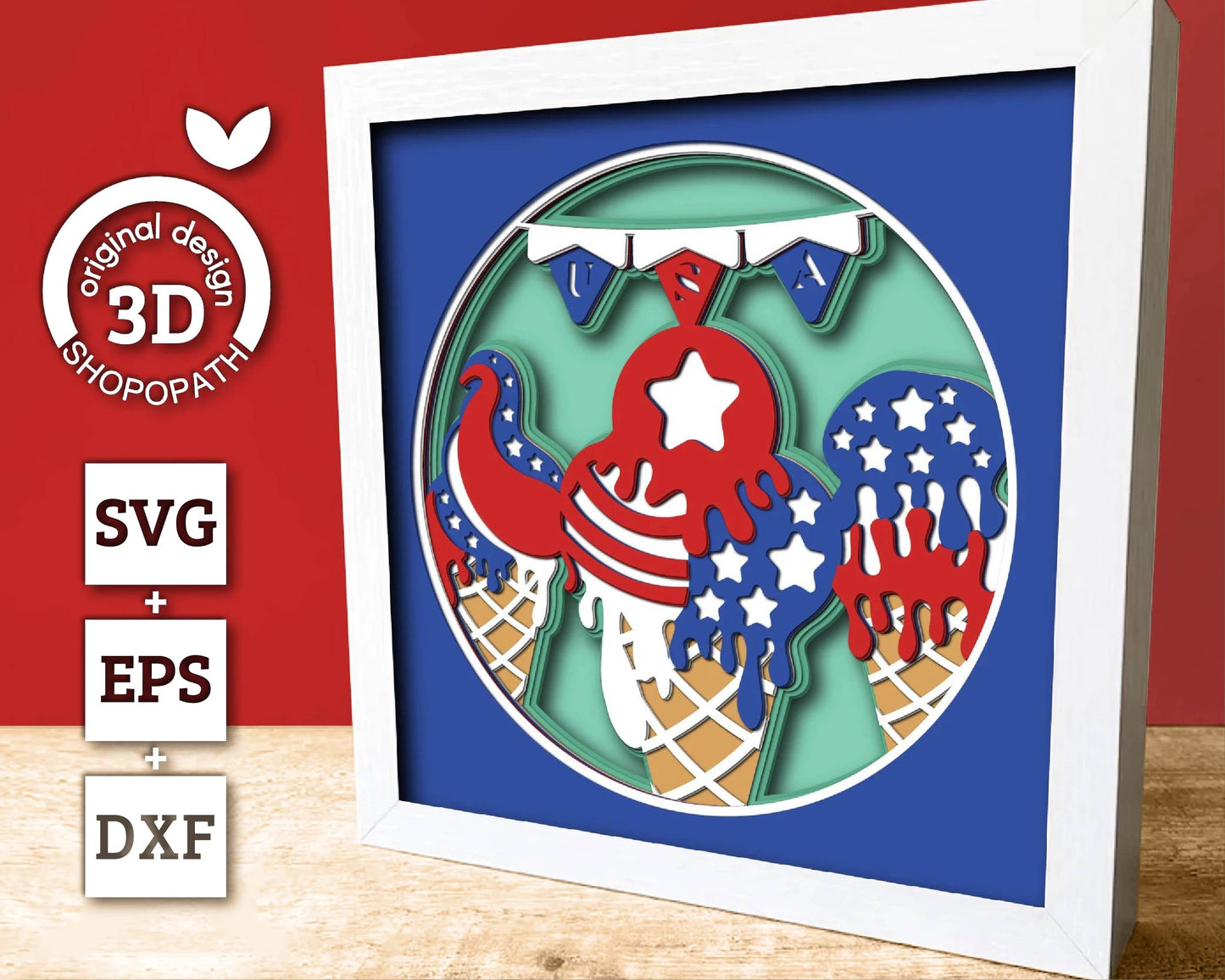 4th of July Ice Cream - 3D Shadow Box Layered SVG DXF EPS (Cutting Files)