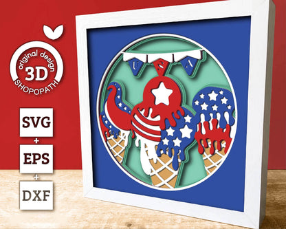 4th of July Ice Cream - 3D Shadow Box Layered SVG DXF EPS (Cutting Files)