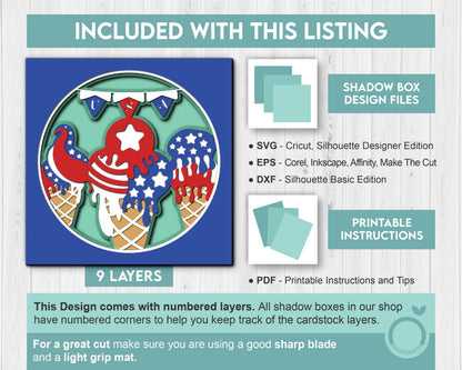 4th of July Ice Cream - 3D Shadow Box Layered SVG DXF EPS (Cutting Files)