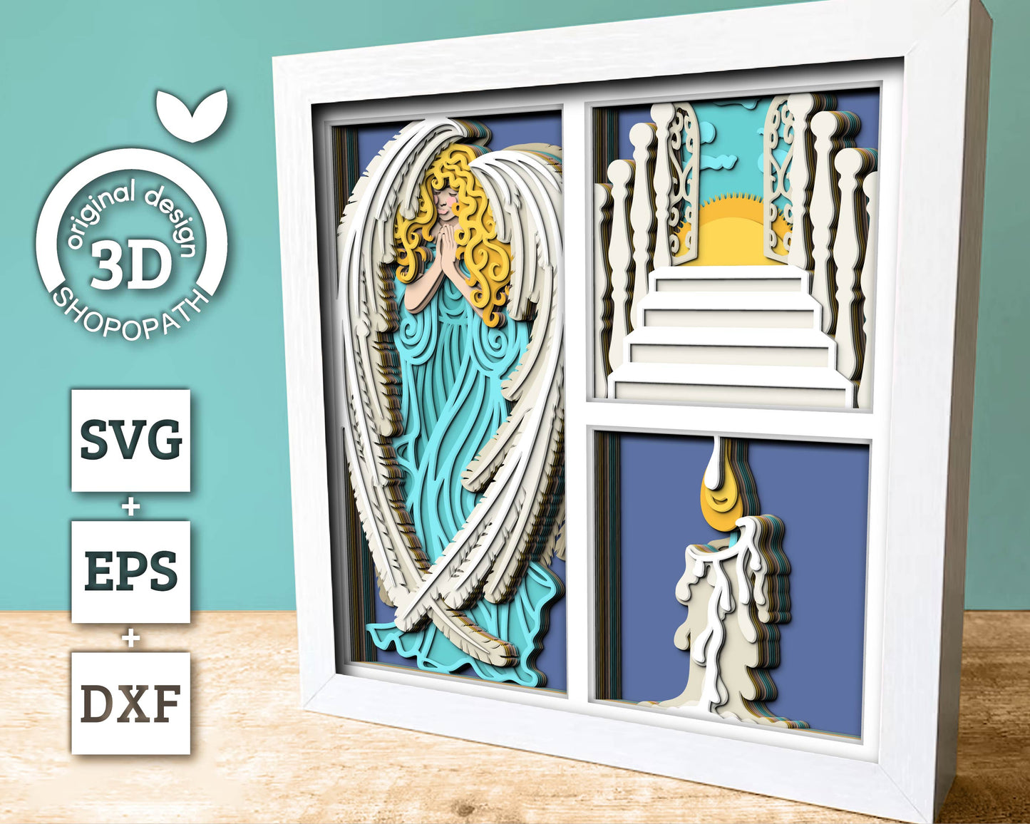 Angel with Candle Heaven Memorial - 3D Shadow Box Layered SVG DXF EPS (Cutting Files)