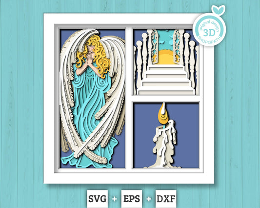 Angel with Candle Heaven Memorial - 3D Shadow Box Layered SVG DXF EPS (Cutting Files)
