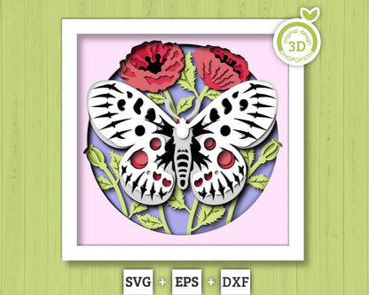 3D Butterfly Shadow Box SVG, Layered Poppy Flowers SVG, Apollo 3D Svg, Poppies Svg, Spring Shadow Box, Floral Papercut svg Cricut Silhouette
